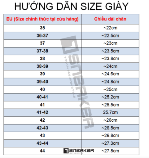 bảng đo size giày tại shop