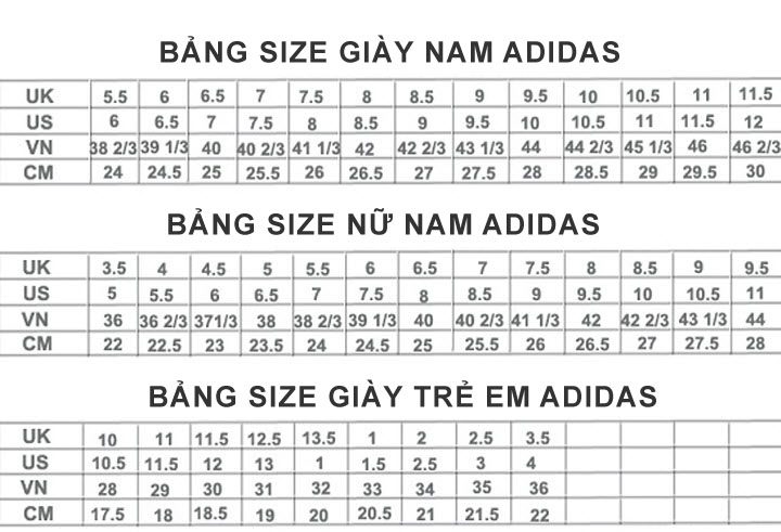 Bảng size gi&agrave;y Adidas