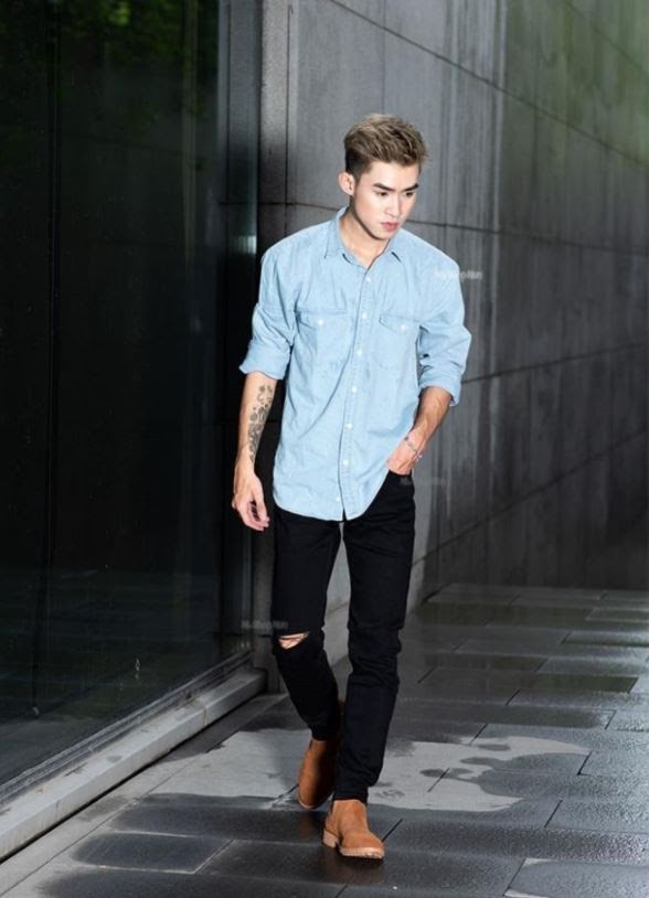 Áo sơ mi và quần jean skinny rách màu đen