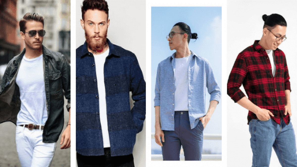 Chiếc sơ mi form rộng dáng dài với chiếc áo thun trắng