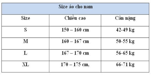 Size &aacute;o cho nam